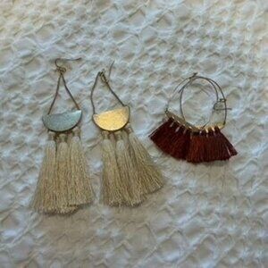 2 Pairs Boho Gold Tone Cream Fringe Brown Fringe Tassel Earrings Bohemian